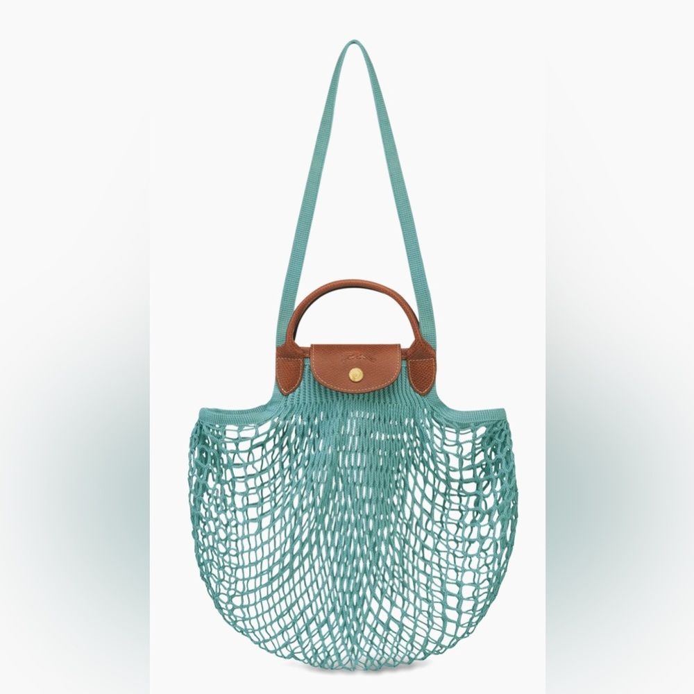 Longchamp Teal Mesh Tote with Brown Leather Trim and Strap